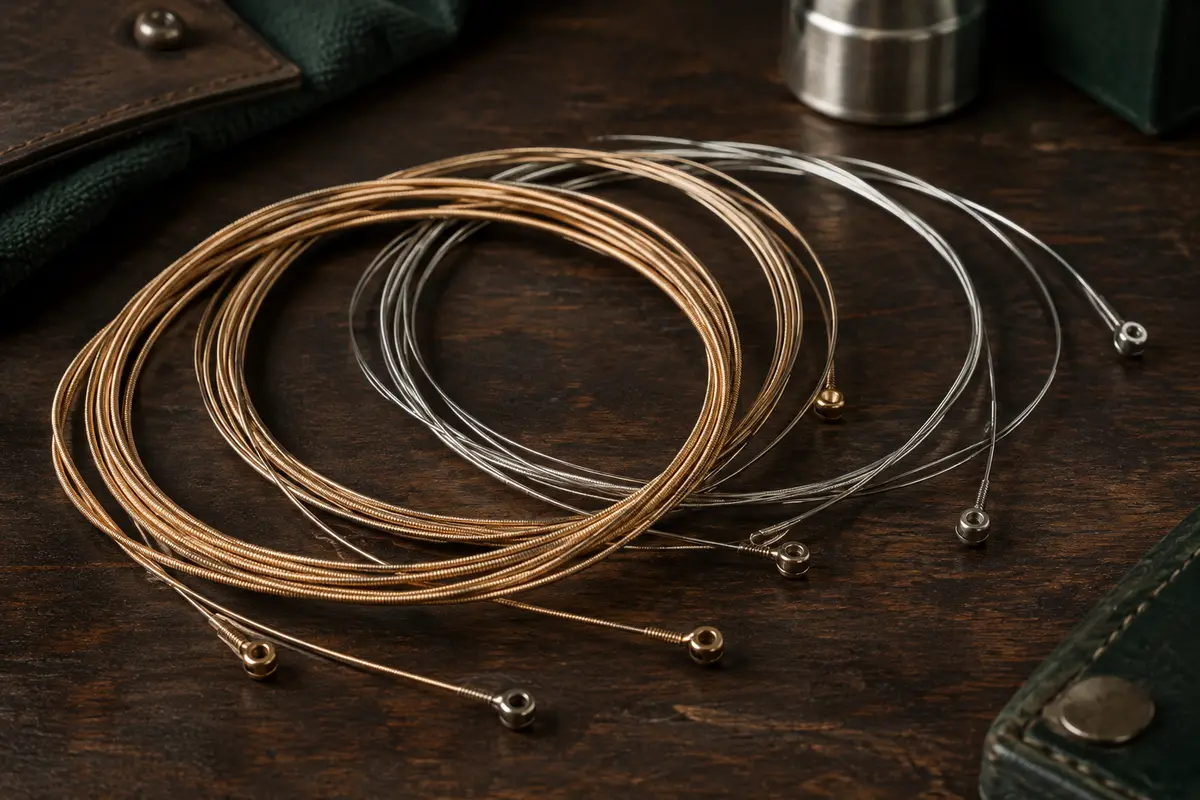 Jeu de cordes acoustiques aux reflets bronze posé en boucles sur un établi en bois sombre.