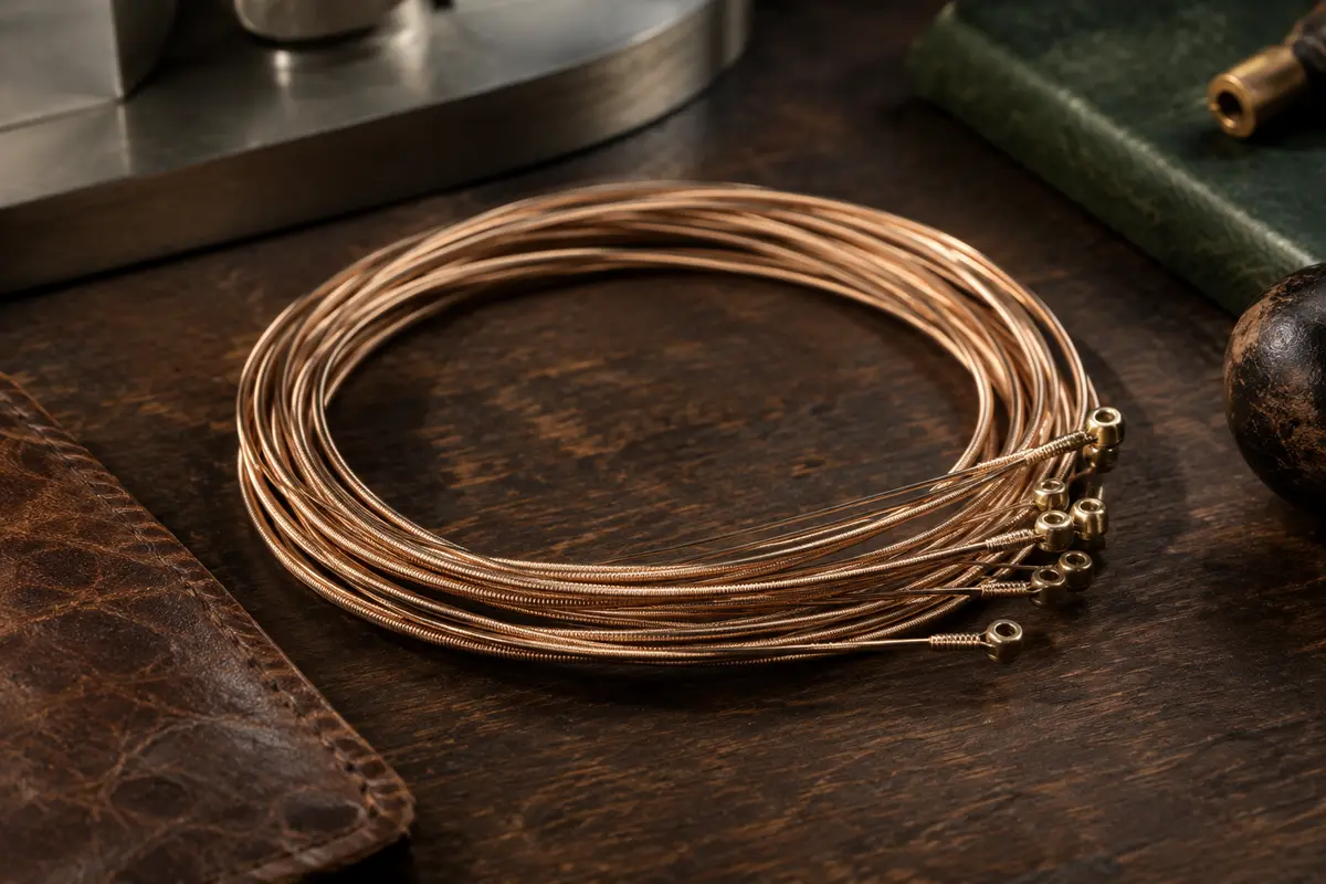 Jeu de cordes acoustiques en bronze phosphoreux posé sur un établi en bois sombre, en lumière latérale.