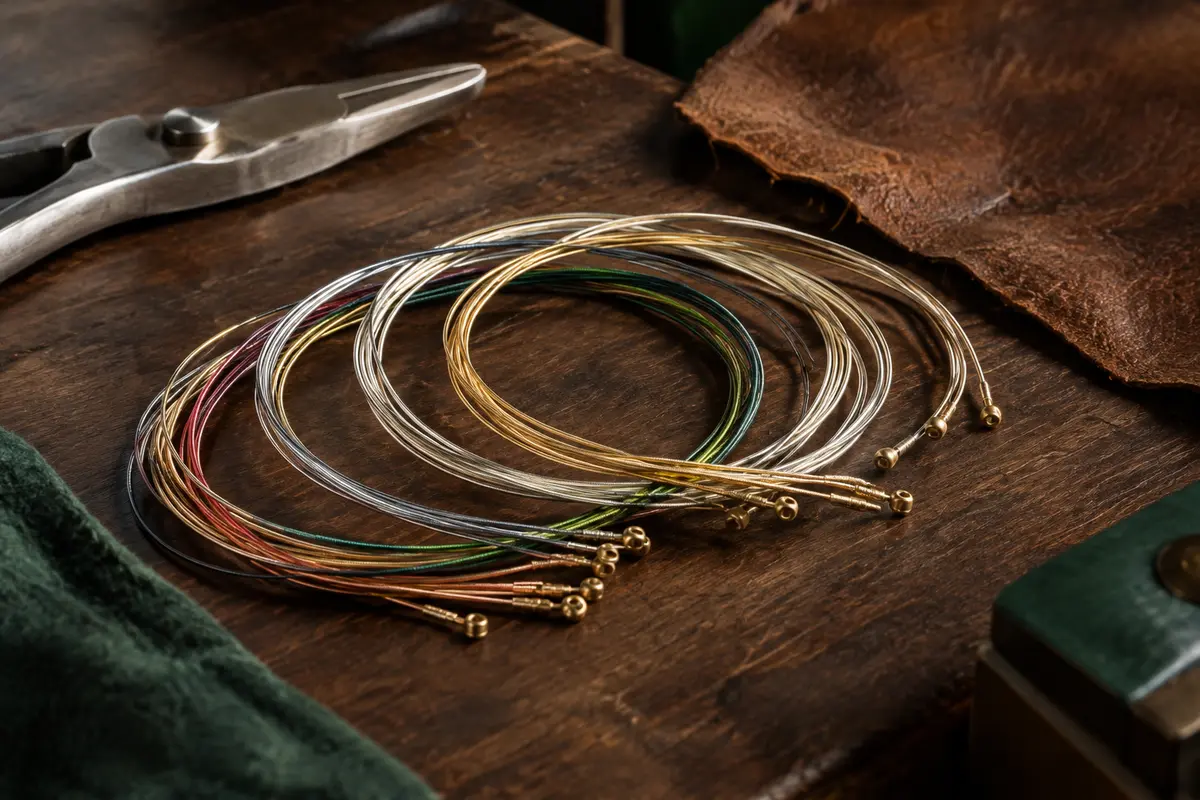 Jeu de cordes classiques Pro-Arté Carbon disposé sur un établi en bois sombre, avec des teintes variées.