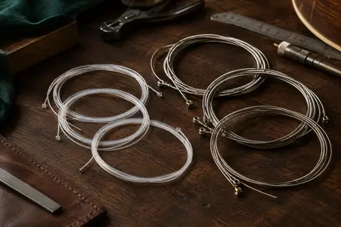 Cordes de guitare classique à aigus en nylon clair et basses filées argentées sur un établi en bois sombre