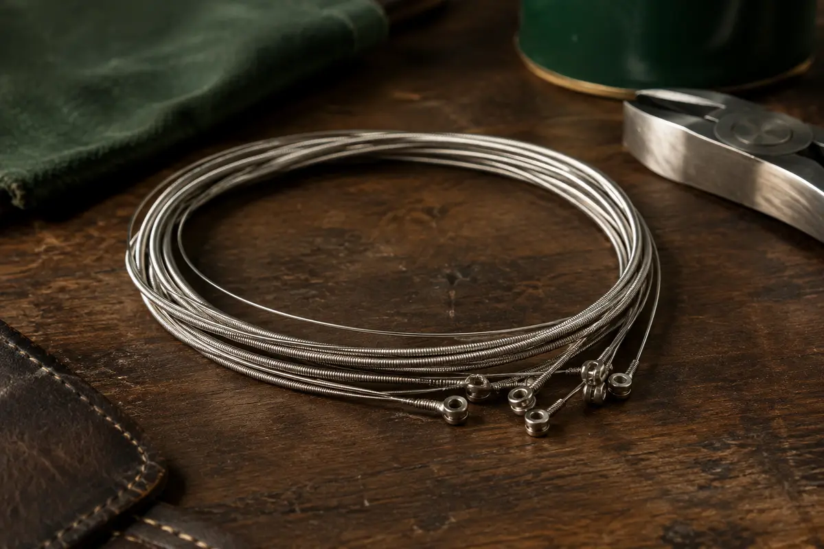 Cordes métalliques nickelées pour guitare électrique, enroulées sur un établi en bois sombre
