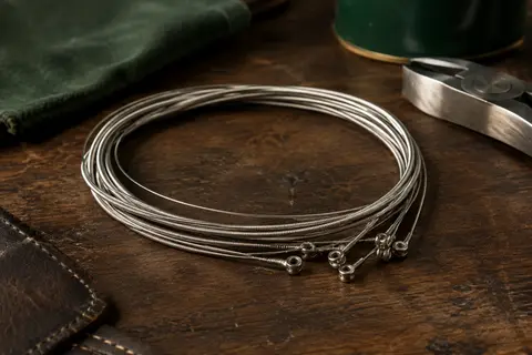 Cordes métalliques nickelées pour guitare électrique, enroulées sur un établi en bois sombre