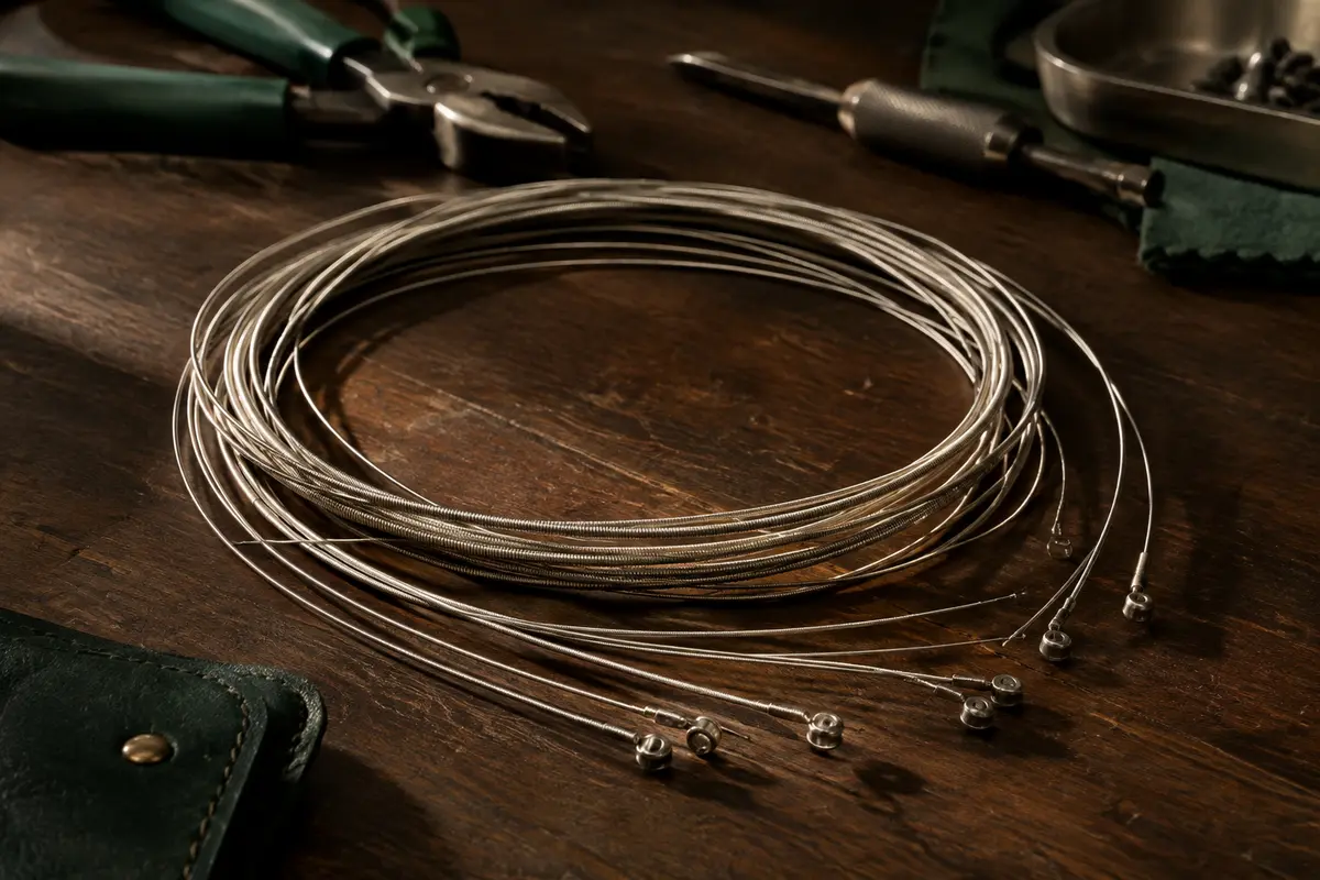 Cordes nickelées pour guitare électrique disposées en boucles sur un établi en bois sombre.