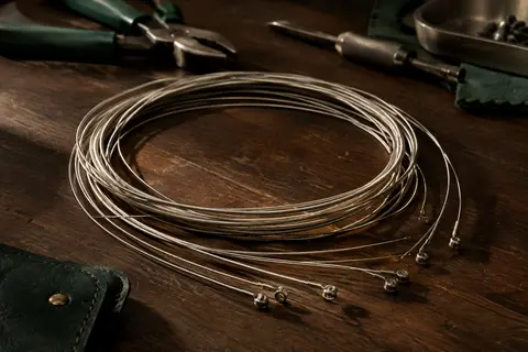Cordes nickelées pour guitare électrique disposées en boucles sur un établi en bois sombre.