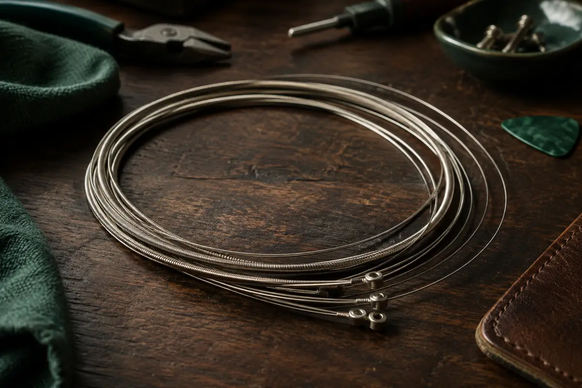 Six cordes métalliques pour guitare électrique disposées en boucles sur un établi en bois sombre.