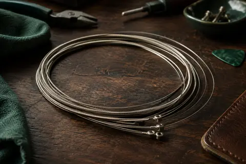 Six cordes métalliques pour guitare électrique disposées en boucles sur un établi en bois sombre.
