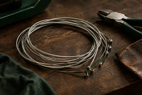 Cordes de guitare électrique en acier plaqué nickel lovées sur un établi en bois sombre