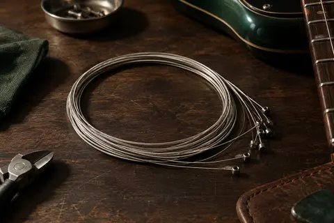 Cordes nickelées pour guitare électrique disposées en boucles sur un établi en bois sombre