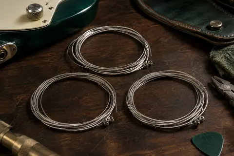 Trois jeux de cordes métalliques argentées pour guitare électrique posés sur un établi en bois sombre