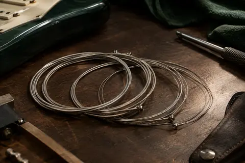 Cordes métalliques pour guitare électrique disposées en boucles sur un établi en bois sombre