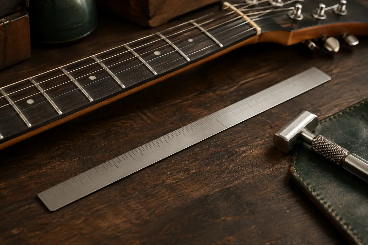 Règle de mesure en acier inoxydable posée sur un établi sombre près d’un manche de guitare