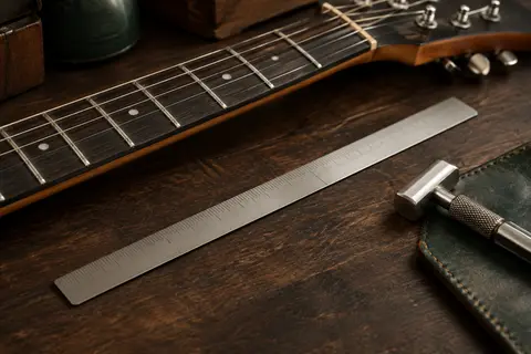 Règle de mesure en acier inoxydable posée sur un établi sombre près d’un manche de guitare
