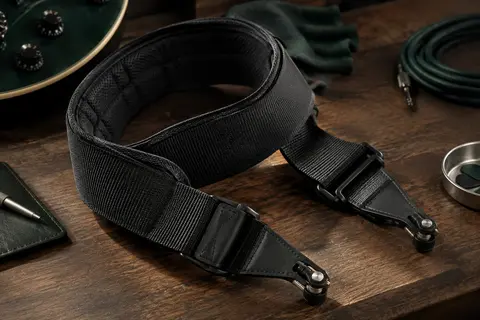 Sangle de guitare en nylon noir rembourré avec attaches Auto Lock intégrées, posée sur un établi en bois sombre.