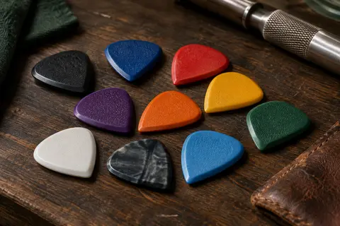 Dix médiators de guitare en nylon texturé, à pointe précise, disposés sur un établi en bois sombre.
