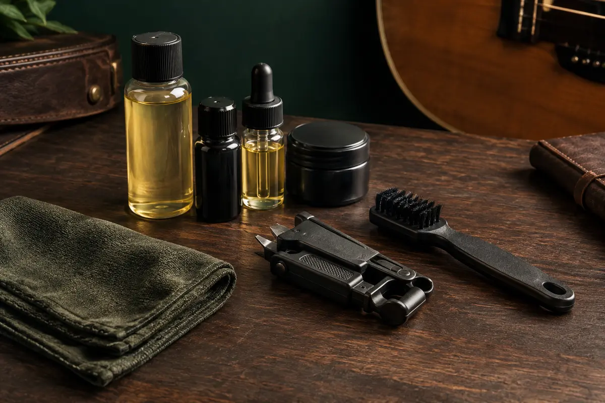 Kit d’entretien pour guitare avec produits de soin, coupe-cordes 3-en-1 et chiffon microfibre sur un établi