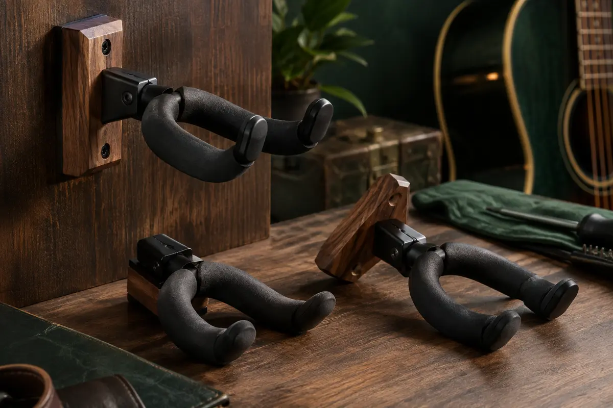 Supports muraux pour guitare en noyer et métal noir, avec étriers orientables rembourrés de silicone.