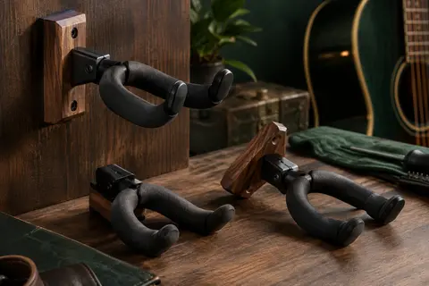 Supports muraux pour guitare en noyer et métal noir, avec étriers orientables rembourrés de silicone.