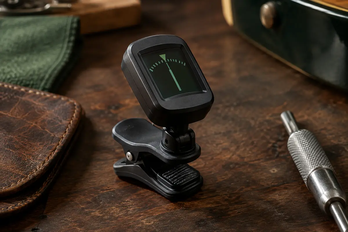 Accordeur Donner à pince noir avec écran LCD orientable posé sur un établi de musicien