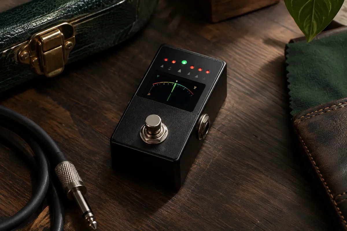 Pédale accordeur chromatique noire Donner DT-1 avec écran LCD et indicateurs LED sur un établi sombre.