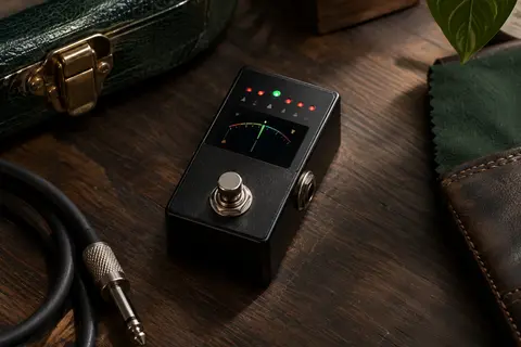 Pédale accordeur chromatique noire Donner DT-1 avec écran LCD et indicateurs LED sur un établi sombre.