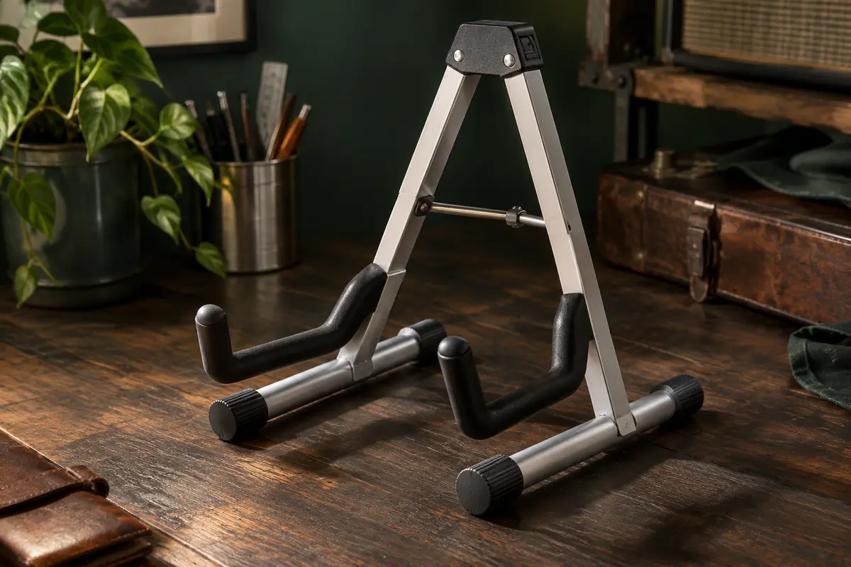 Support de guitare Donner pliable en aluminium argenté, posé sur un établi en bois sombre