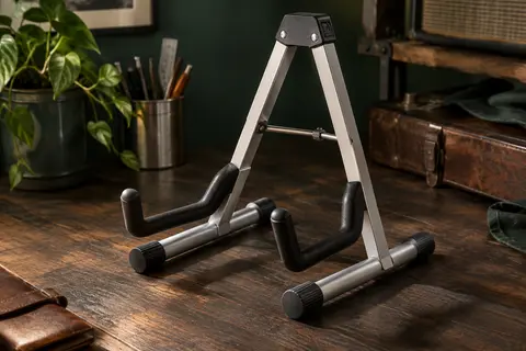 Support de guitare Donner pliable en aluminium argenté, posé sur un établi en bois sombre