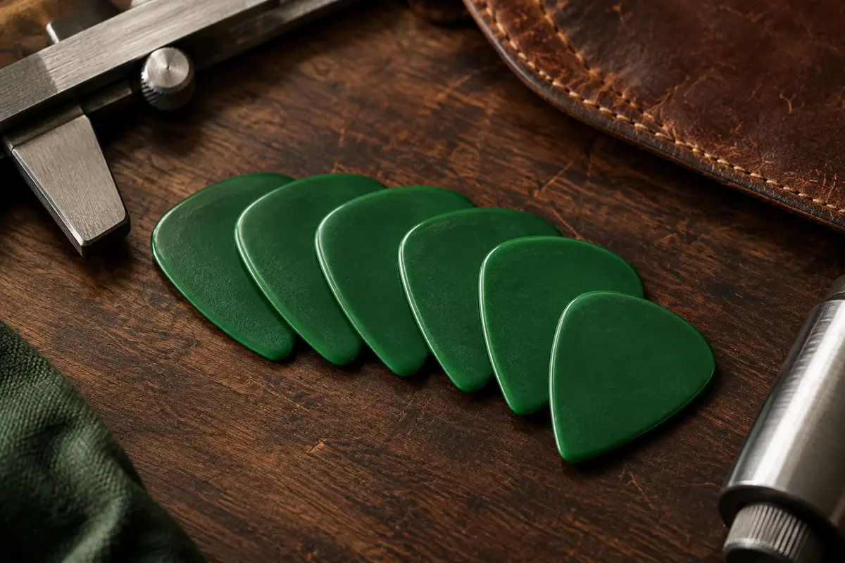 Six médiators Jazz verts en nylon posés en éventail sur un établi de musicien en bois sombre.