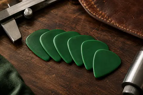 Six médiators Jazz verts en nylon posés en éventail sur un établi de musicien en bois sombre.