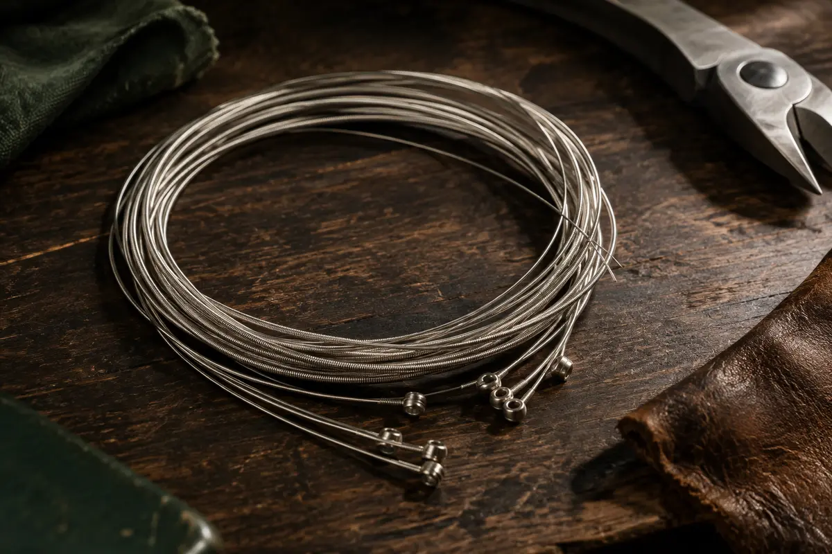 Jeu de cordes en acier nickelé pour guitare électrique posé sur un établi en bois sombre
