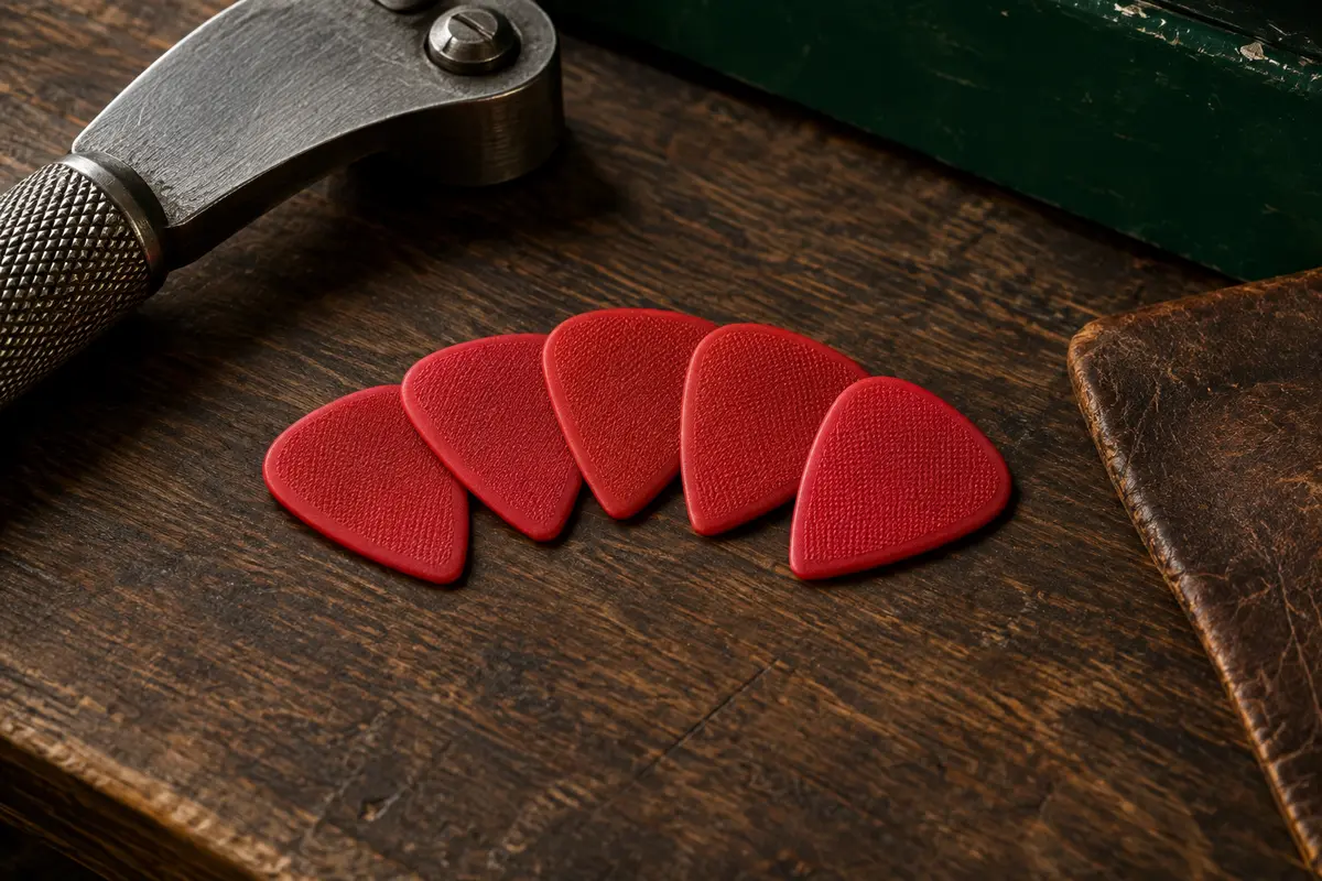 Six médiators rouges en nylon au profil Jazz III et à la surface Max-Grip texturée, posés sur un établi.