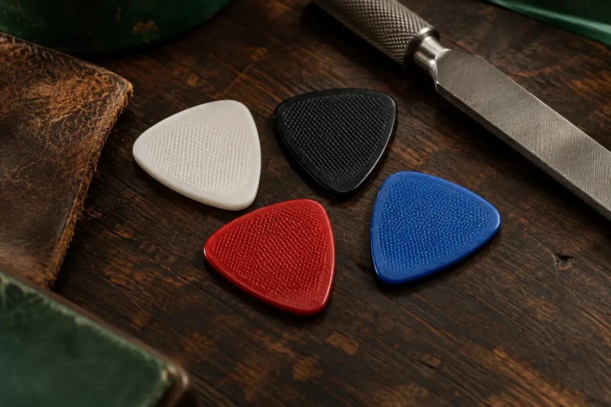 Médiators de guitare en nylon à surface texturée, présentés en blanc, noir, rouge et bleu sur un établi.