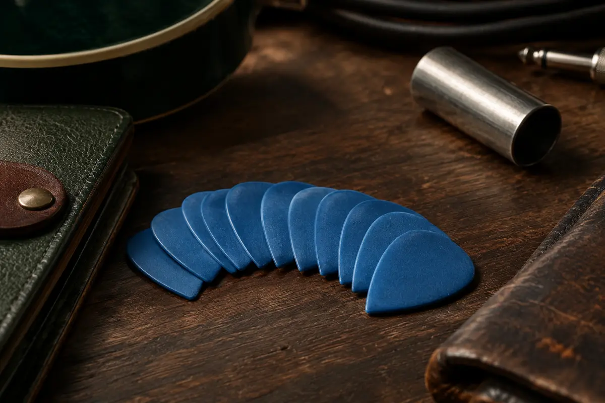 Douze médiators bleus au profil Jazz III XL disposés sur un établi en bois sombre