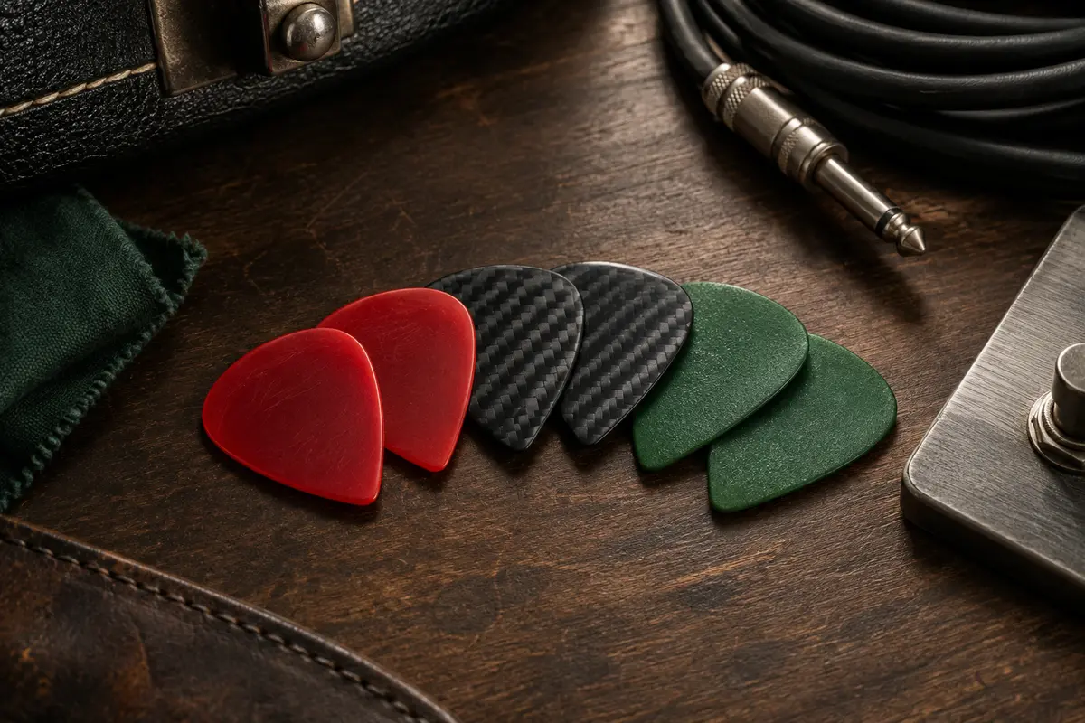 Six médiators Dunlop Jazz III en nylon rouge, fibre de carbone Max Grip et Tortex vert.