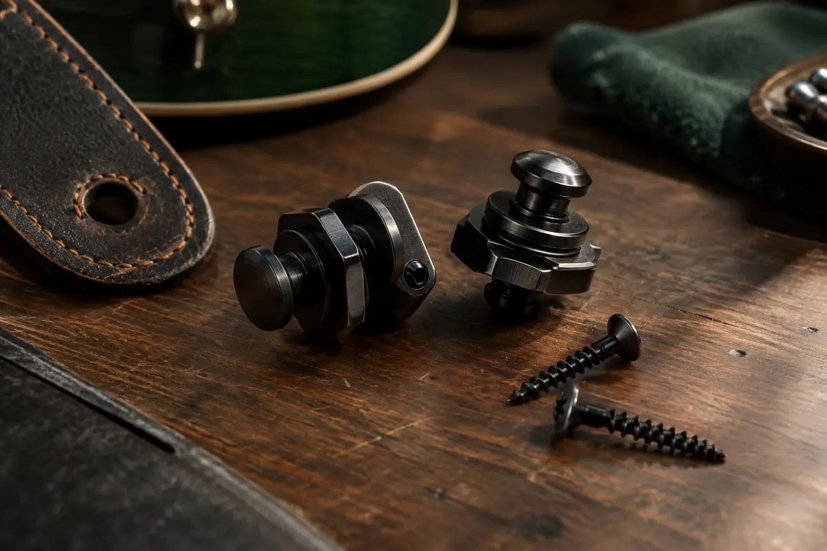 Attaches de sangle Dunlop noires en métal posées sur un établi de musicien en bois sombre.