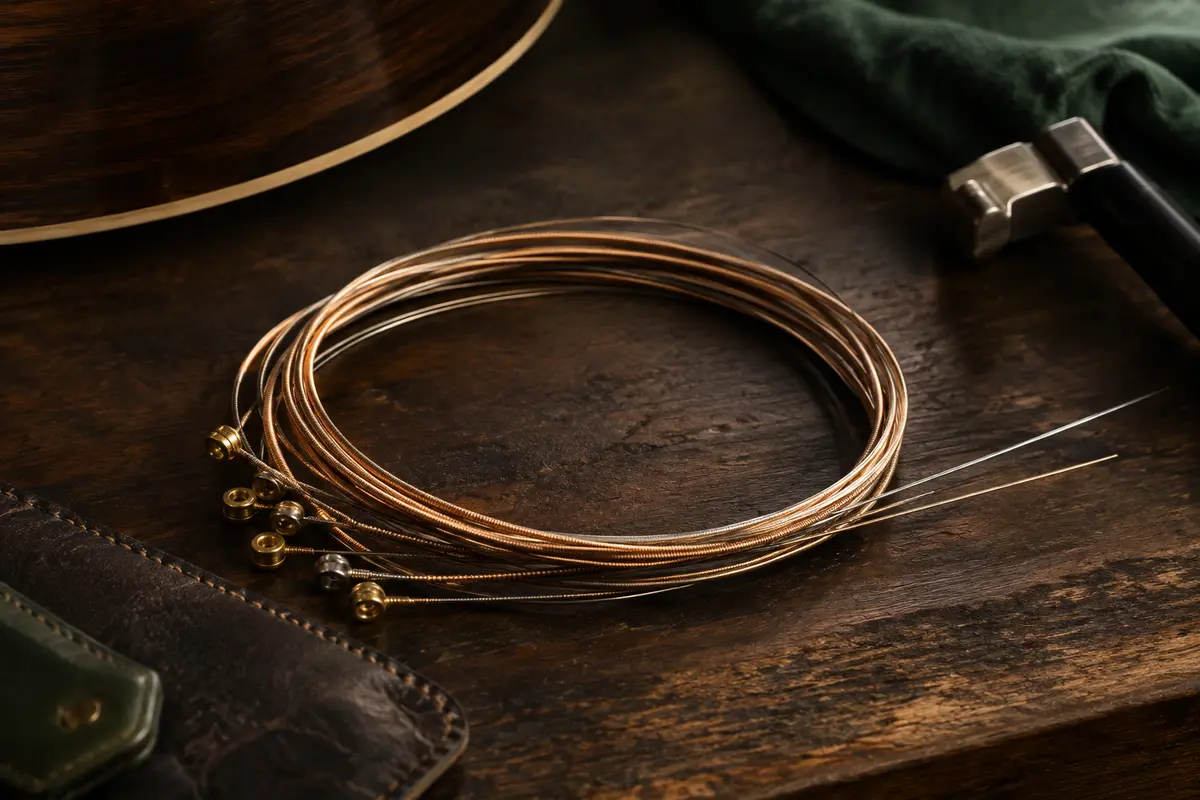 Jeu de cordes acoustiques aux reflets bronze posé sur un établi de musicien en bois sombre.