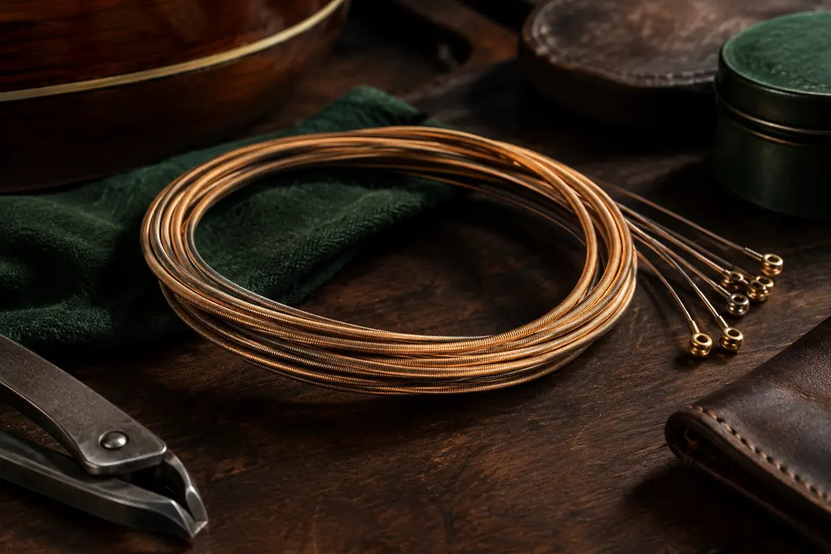 Cordes acoustiques en bronze phosphoreux enroulées sur un établi de musicien au décor chaleureux.