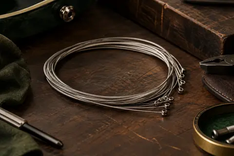 Cordes métalliques pour guitare électrique disposées sur un établi en bois sombre, avec leurs détails de bobinage visibles.
