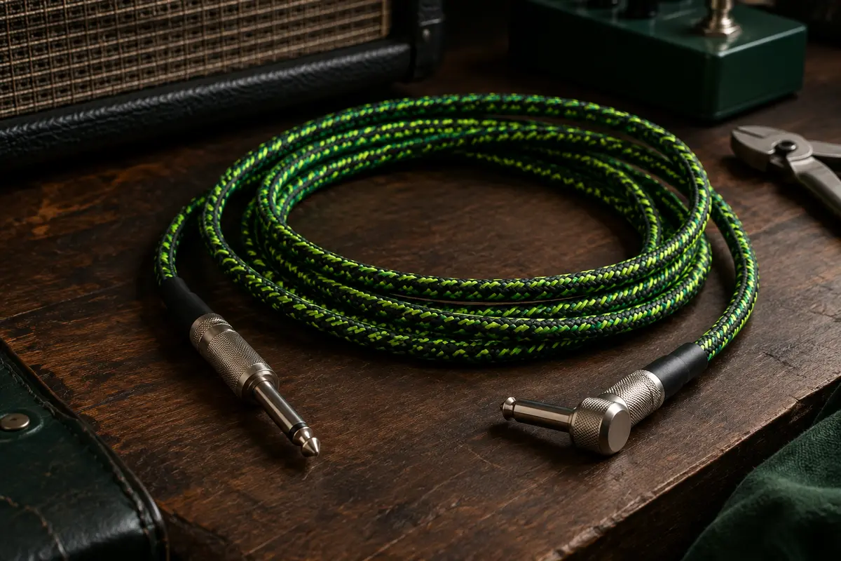 Câble d’instrument tressé vert et noir, avec une fiche droite et une fiche coudée sur un établi.