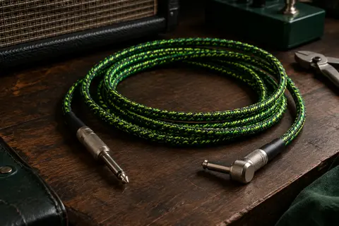 Câble d’instrument tressé vert et noir, avec une fiche droite et une fiche coudée sur un établi.