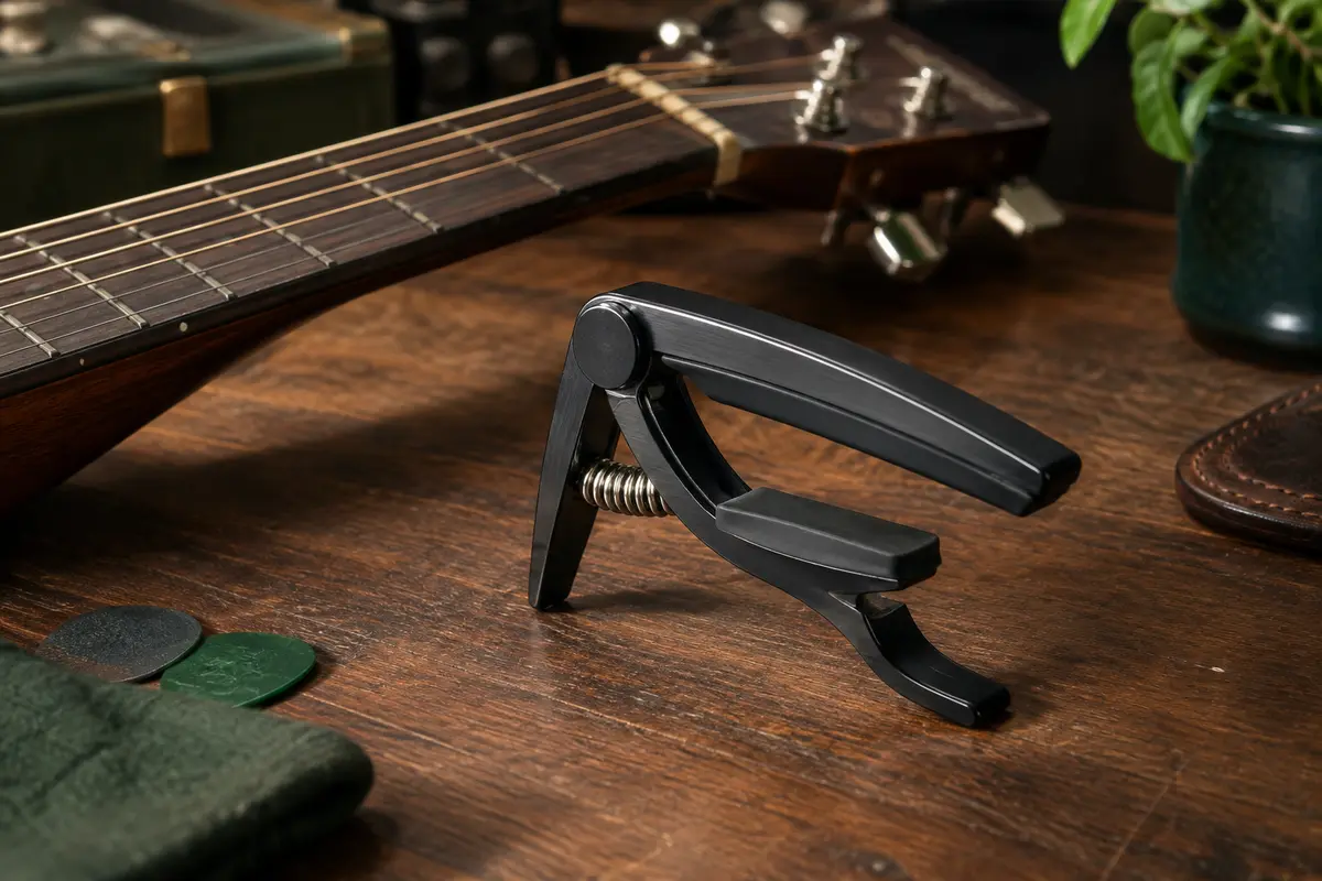 Capodastre réversible noir en aluminium posé près du manche d’une guitare sur un établi en bois sombre.