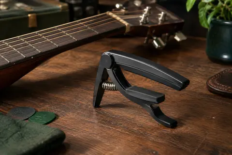 Capodastre réversible noir en aluminium posé près du manche d’une guitare sur un établi en bois sombre.