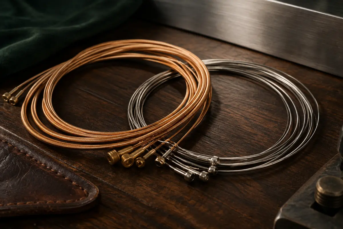 Jeu de cordes acoustiques en bronze 80/20 et acier posé en boucles sur un établi en bois sombre