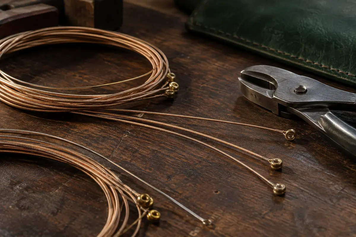 Cordes de guitare acoustique en bronze phosphoreux disposées sur un établi en bois sombre