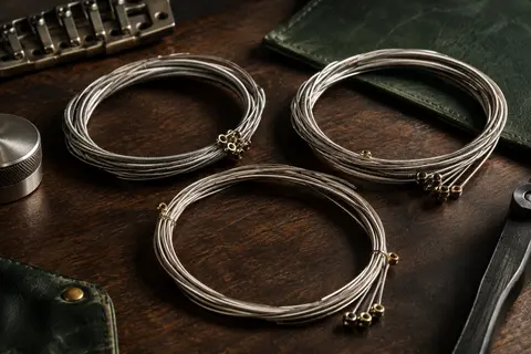 Jeux de cordes métalliques argentées pour guitare électrique posés sur un établi en bois sombre