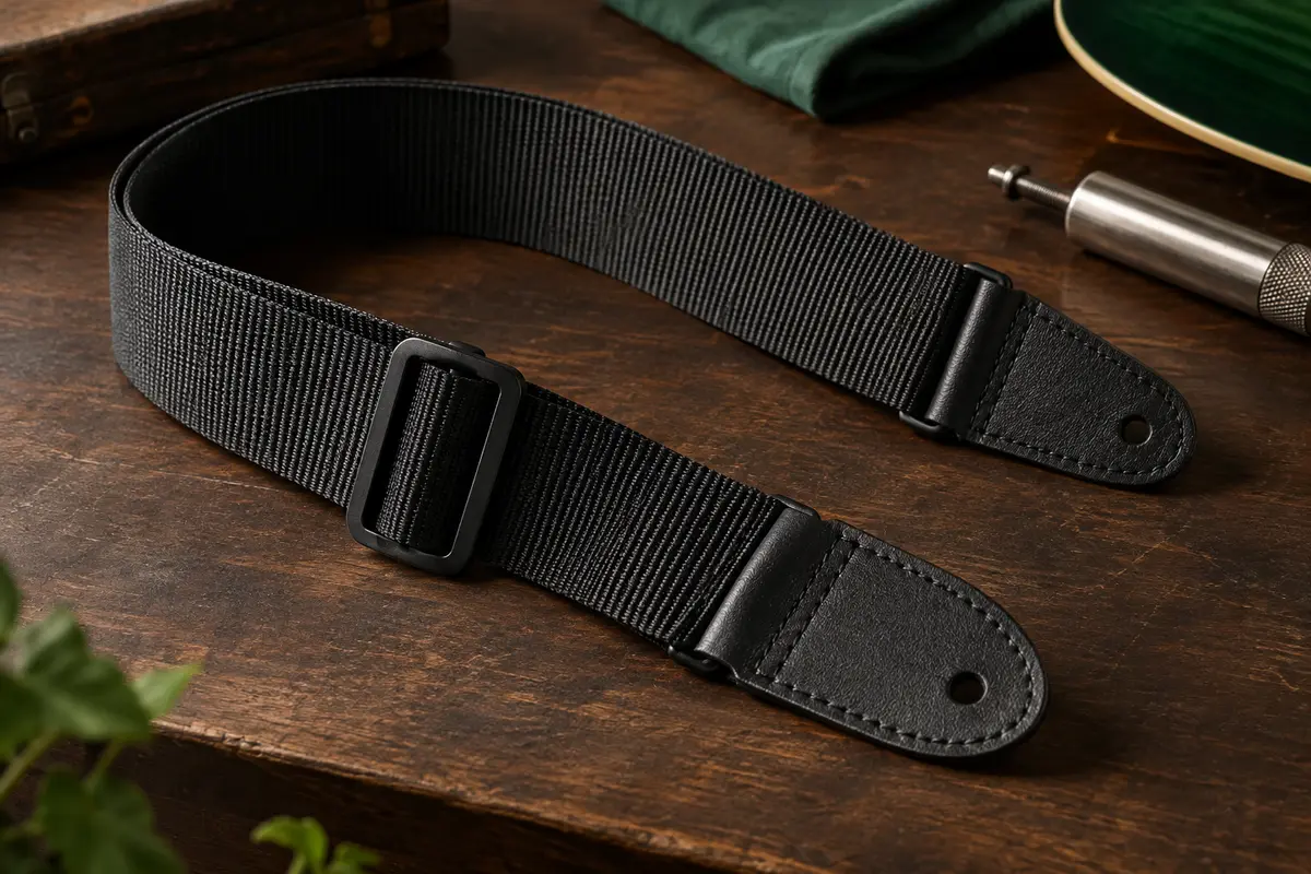 Sangle de guitare noire en polypropylène avec extrémités en cuir posée sur un établi en bois sombre