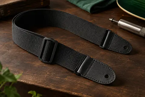 Sangle de guitare noire en polypropylène avec extrémités en cuir posée sur un établi en bois sombre