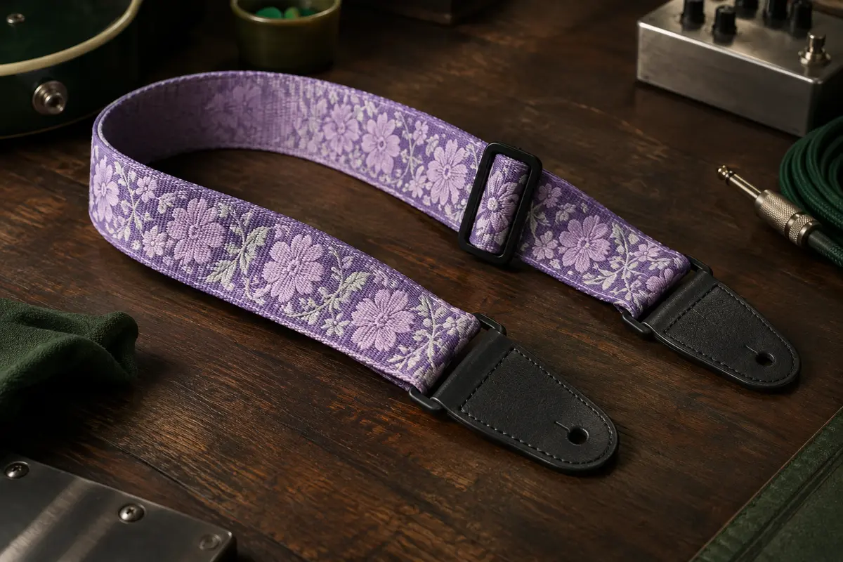 Sangle de guitare Jacquard florale lavande avec extrémités en cuir et boucle noire