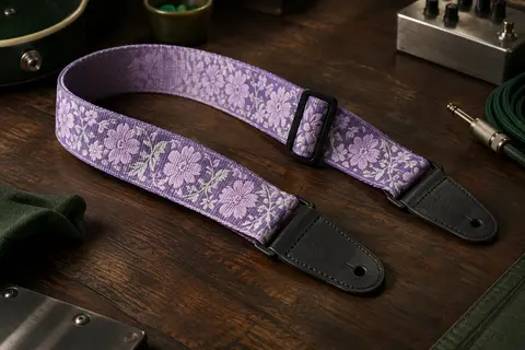 Sangle de guitare Jacquard florale lavande avec extrémités en cuir et boucle noire