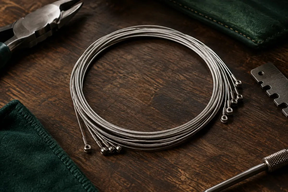 Jeu de cordes métalliques argentées pour guitare électrique à 7 cordes posé sur un établi en bois sombre.