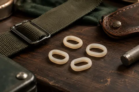 Quatre anneaux de blocage de sangle en silicone crème posés sur un établi de musicien.